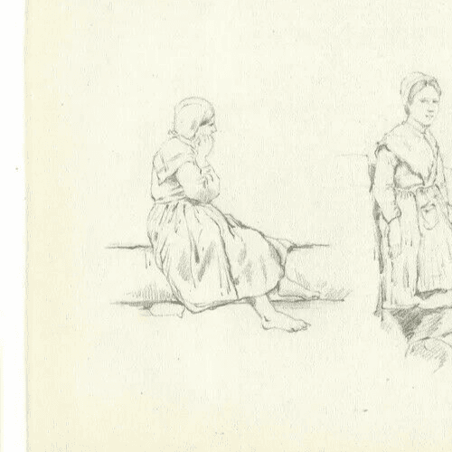 Vintage Old Pencil Drawing of Figures, Peasant and Baby image 2