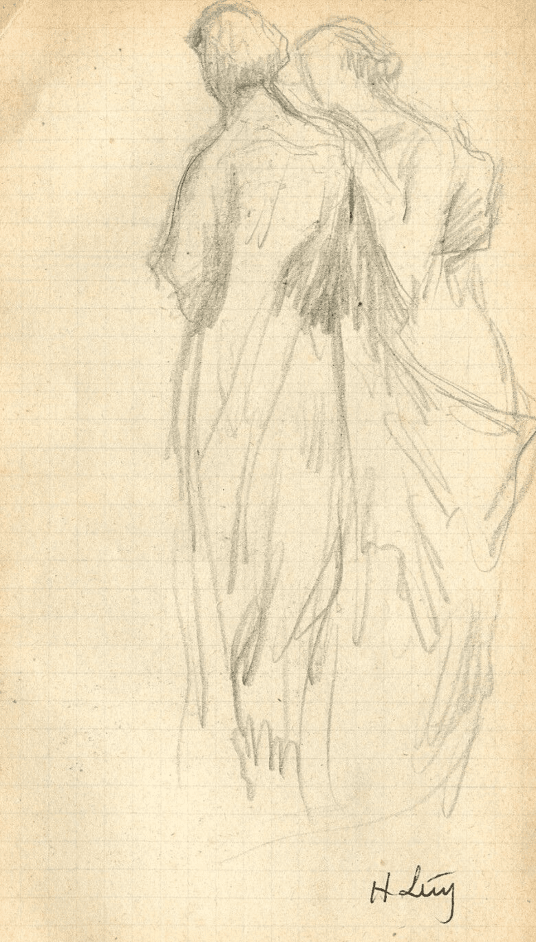 Antique Pencil Drawing Original Sketch Two Women Walking signed image 1