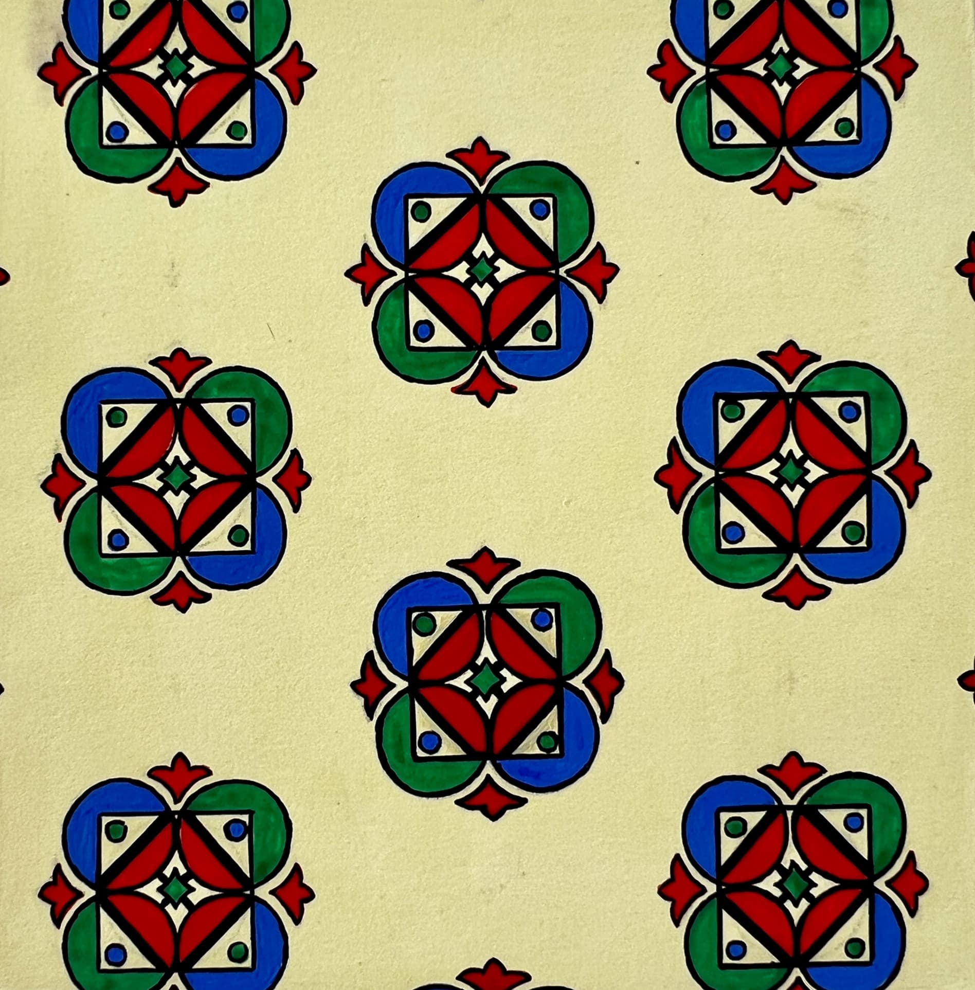 Red/Blue/Green Flowers Original Textile Drawing image 1