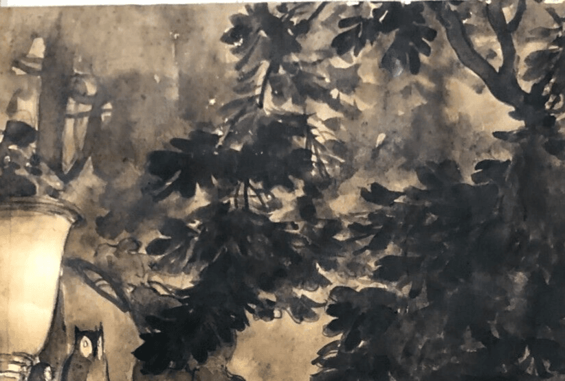 Original Antique Drawing Pan in the Forest at Night, Moon image 5
