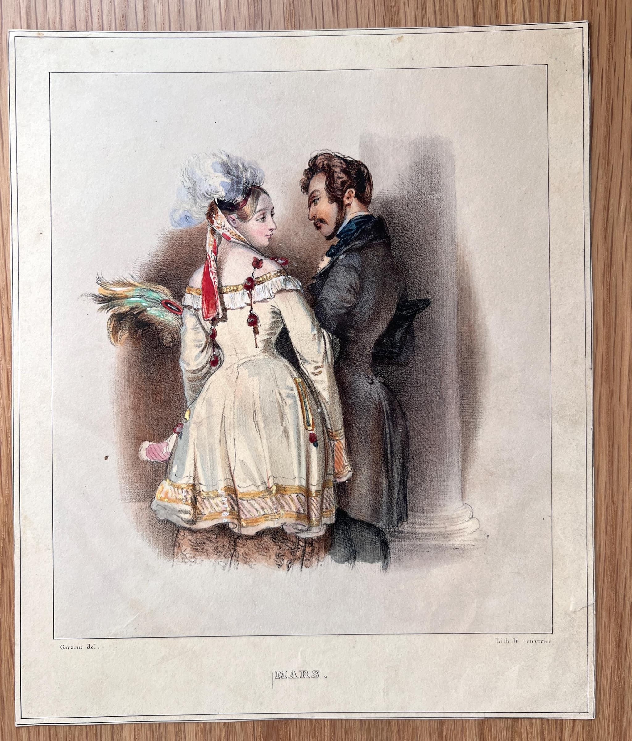 Charming Vintage Lithograph: March Courting Scene image 1