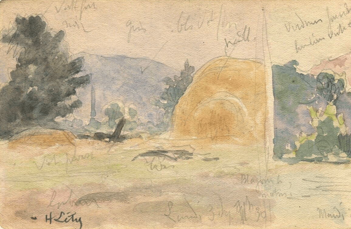 Vintage Drawing Landscape, Fields and Tree Original Signed Artwork image 1