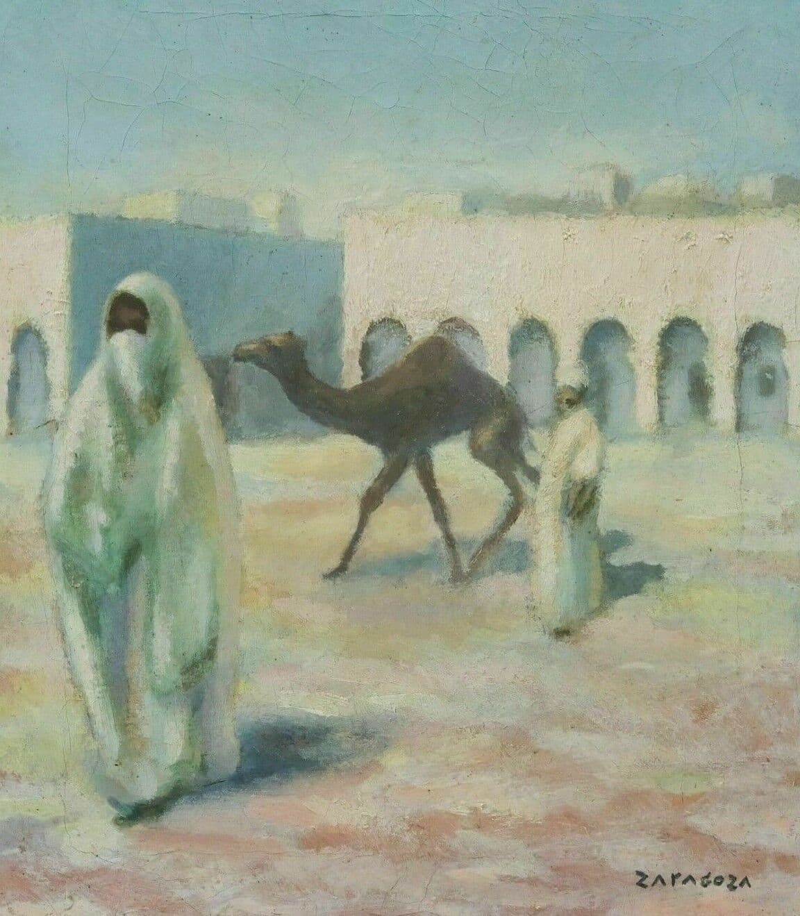 Painting Zaragoza, African Landscape with Camel and Veiled Woman
