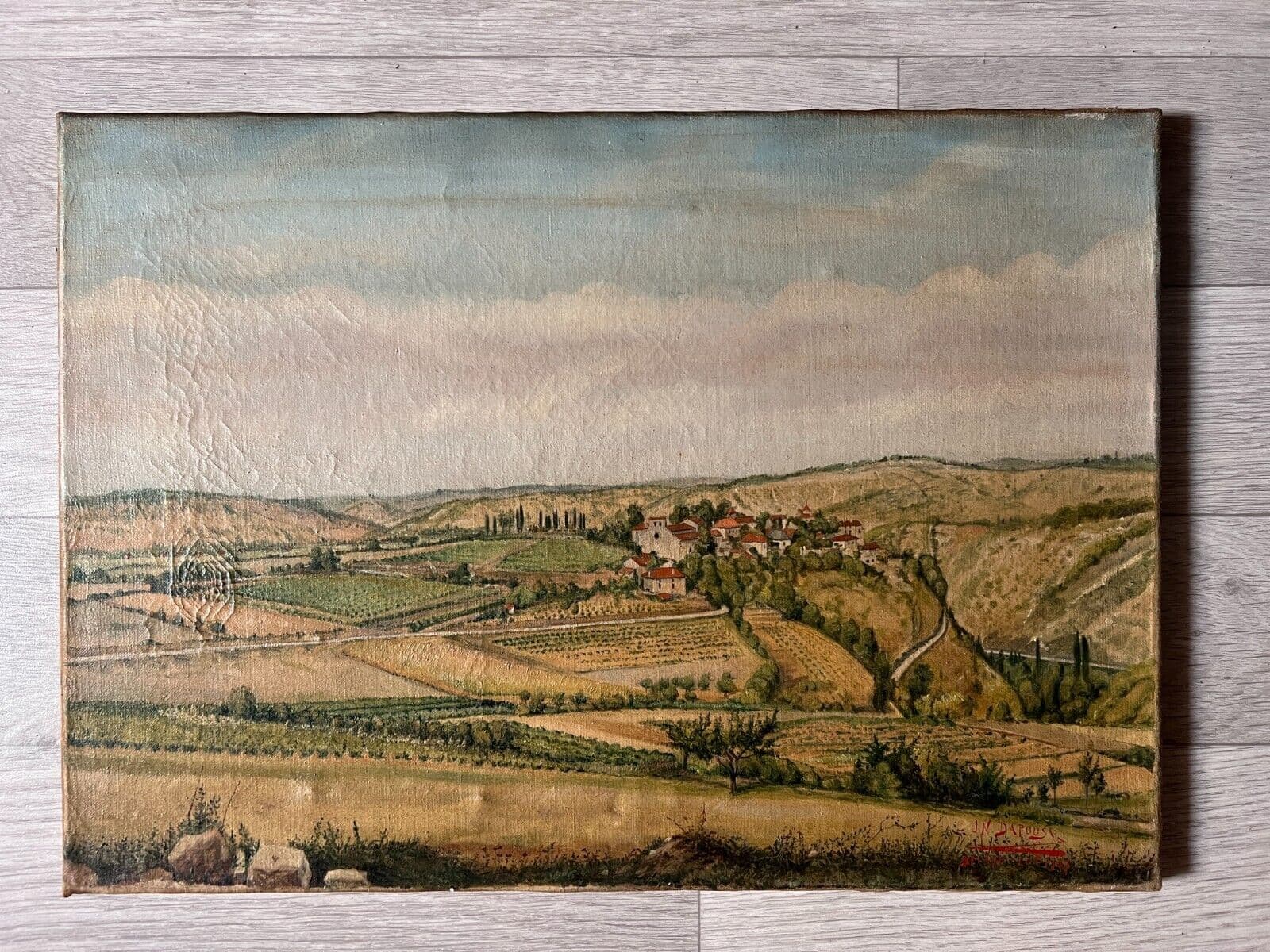 Vintage Oil Painting Landscape, Belaye, Village, Fields signed 1947 image 4