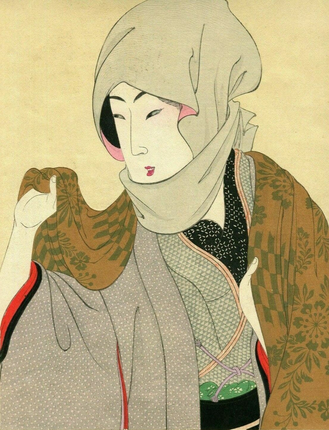 Japanese Woodprint Geisha Portrait with Scarf image 1