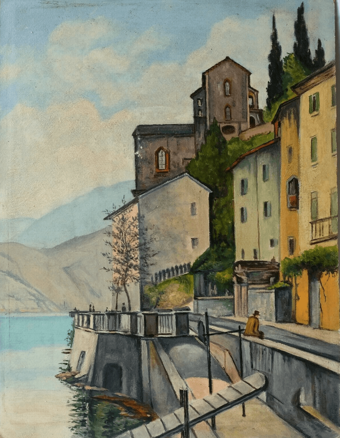 Antique Oil Painting Canvas Village Landscape, Lake, Italy, Mountain