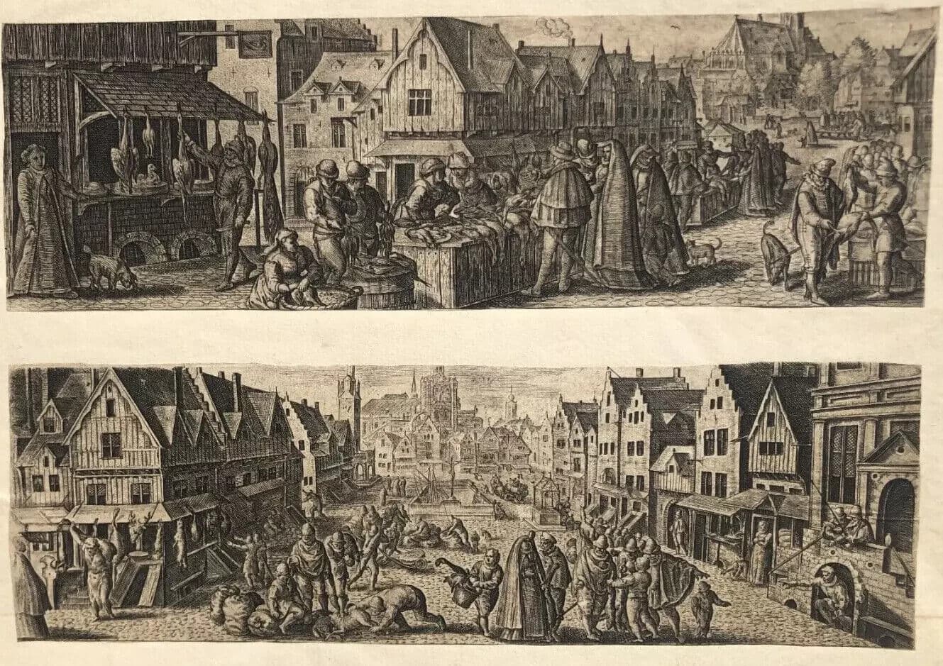 Antique Etching Original 17th century People, Market, Cityview image 8