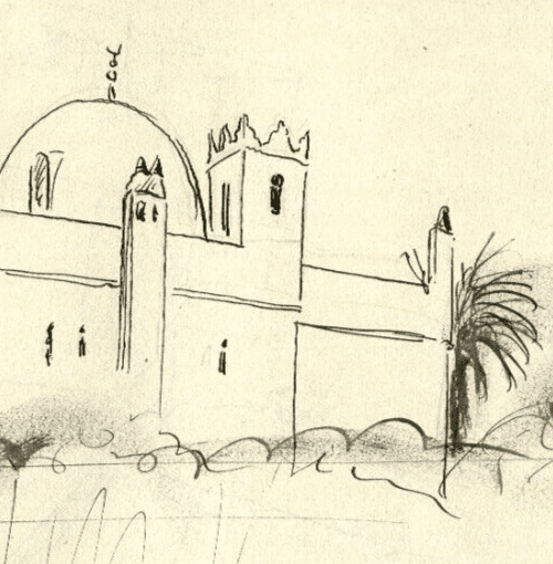 Vintage Ink Original Drawing Landscape, Blida, Cityview, Mosque c. 1935 image 3