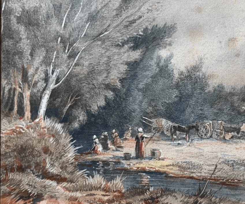 Antique Drawing Original signed Louis Ernest GUILLE (XIX) Landscape, People image 3