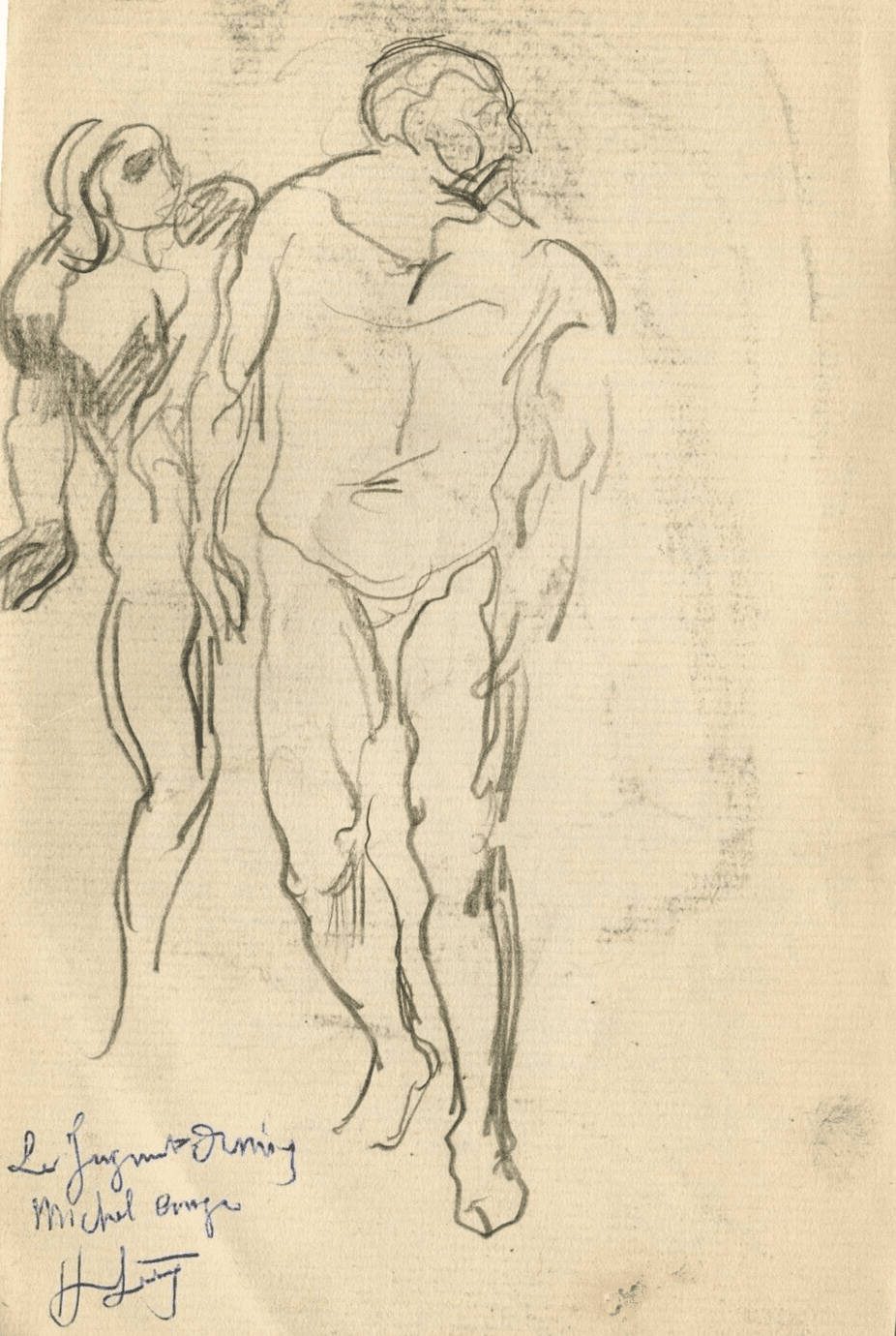 Antique Pencil Original Drawing after Michel Ange, Sketch, People image 1