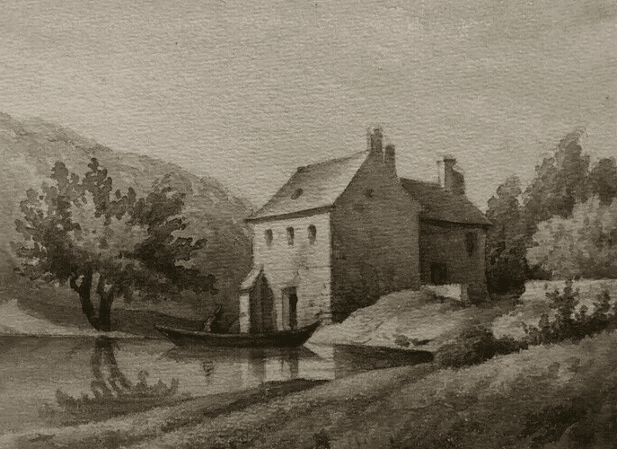 Antique Ink Drawing House Landscape, Boat and Figures 1862 image 1