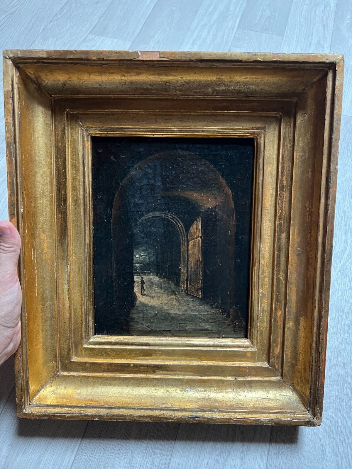 Antique Original Painting Seaview, Man, Port, Cityview, Moon, Night image 5
