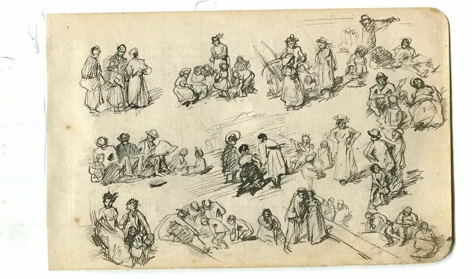 Vintage Ink Drawing Impressionist Family and Children Figures image 2