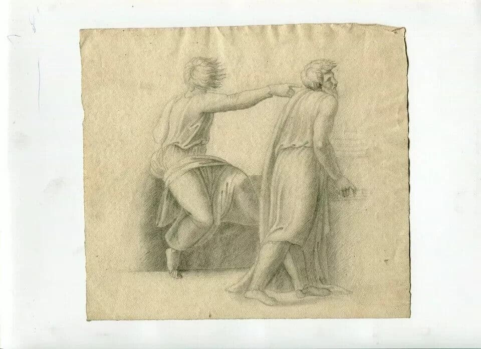 Antique Pencil Original Drawing 19th century Religious Scene, People image 4
