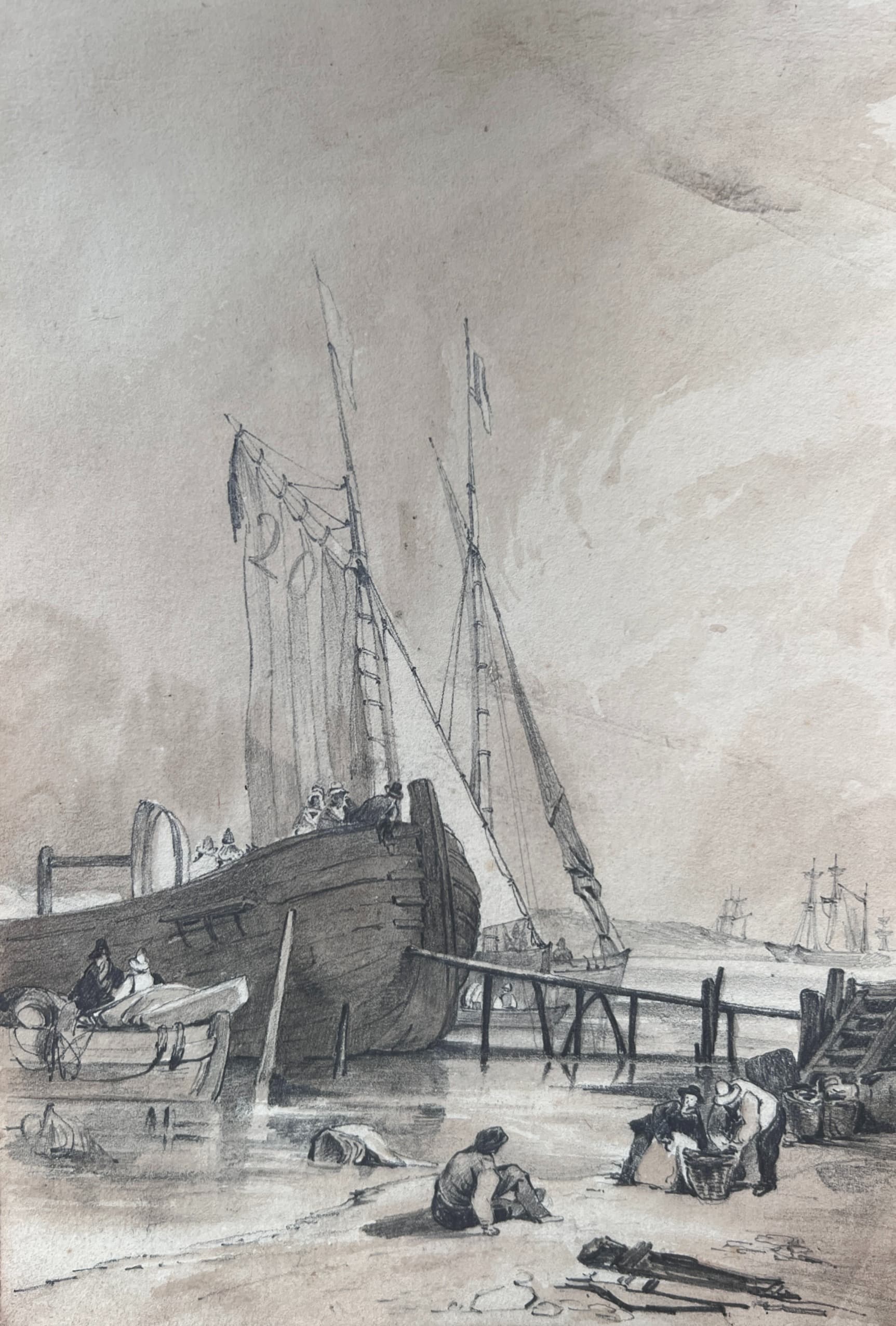 Maritime Landscape People and Boat 19th century Drawing