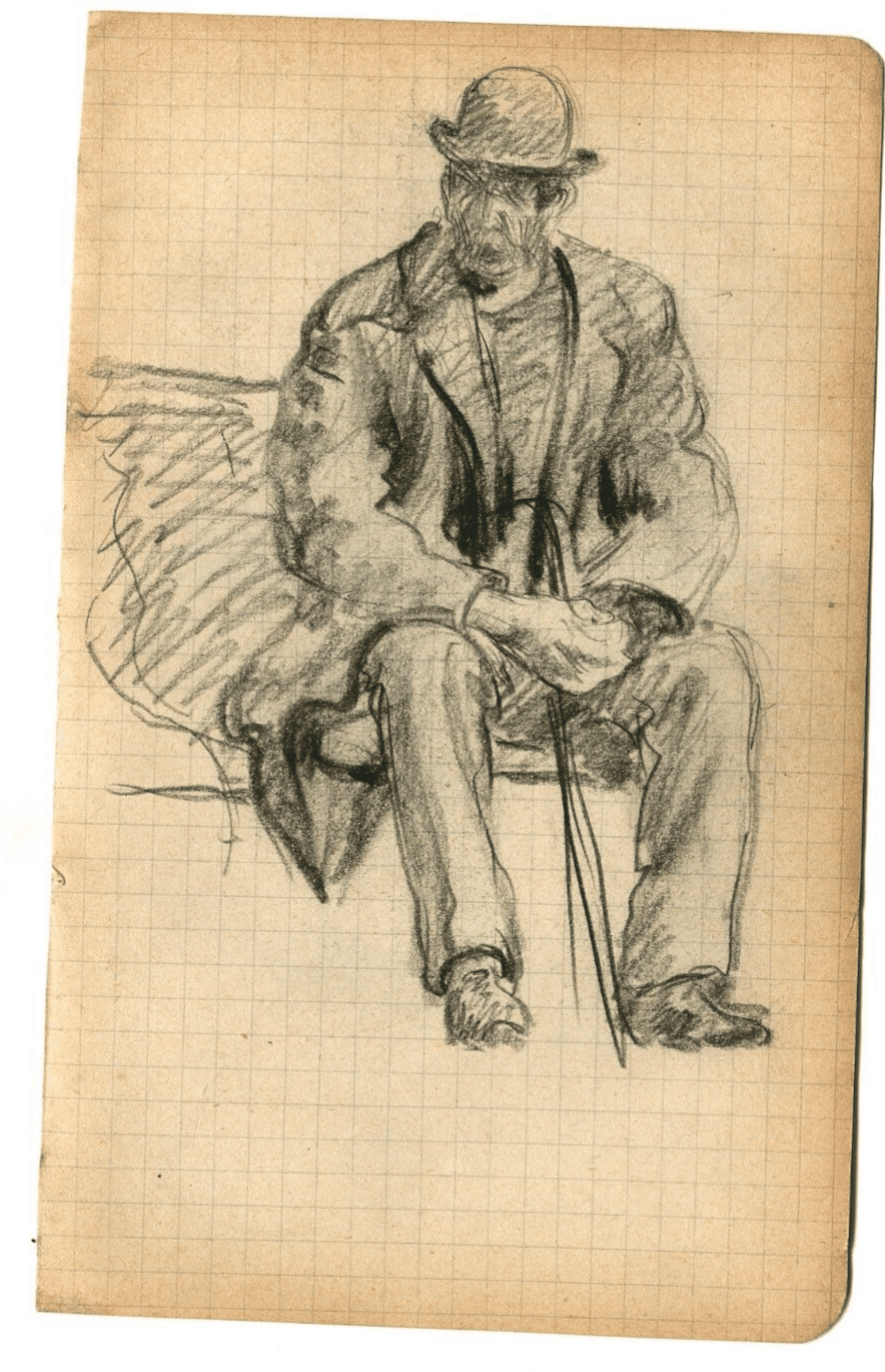 Vintage Pencil Original Drawing of a Man with Hat sitting with a Cane image 5