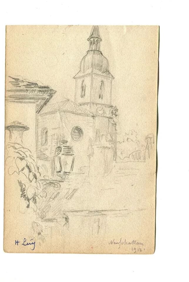 Antique Drawing Original signed Landscape, Village, Church, Neufchateau 1918 image 4