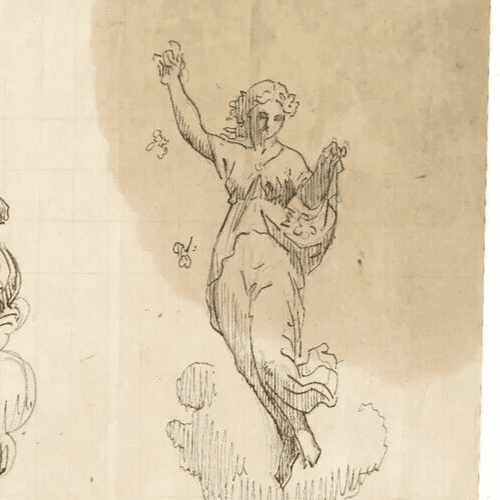 Antique Ink Drawing 19th century Two Sculpture Women, Goddess Artwork image 3