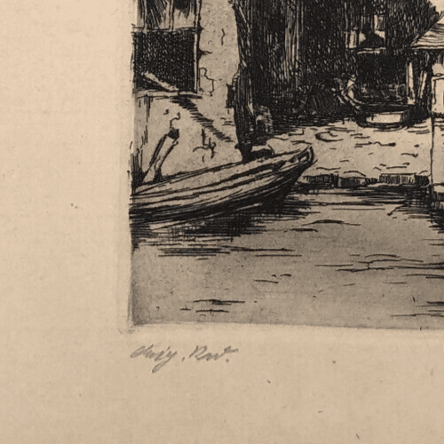 Antique Etching Original Landscape, Houses, Cityview, Town signed image 2
