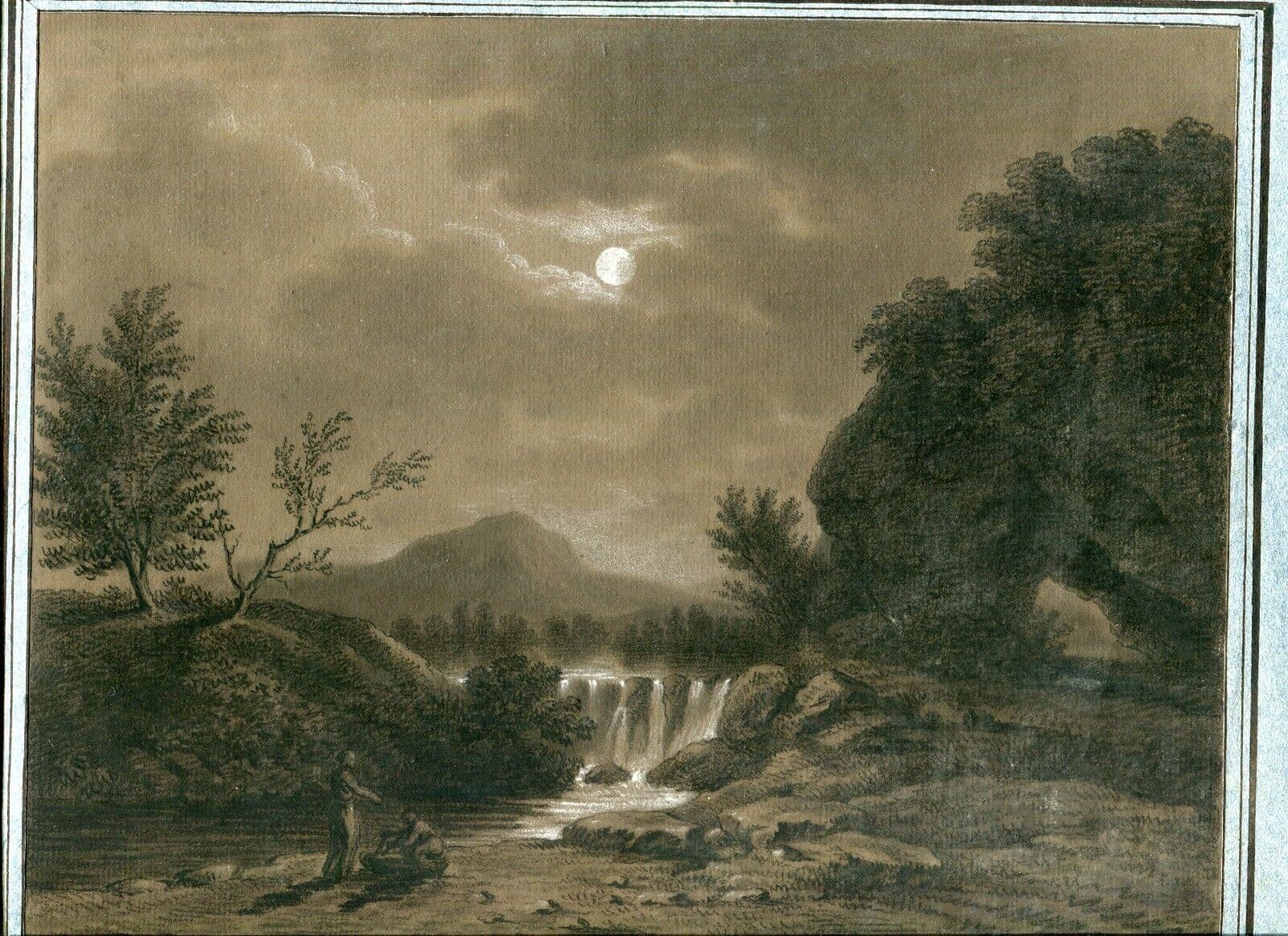 Antique Drawing 19th century Landscape by Night with Figures image 6