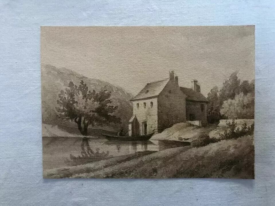 Antique Ink Drawing House Landscape, Boat and Figures 1862 image 5