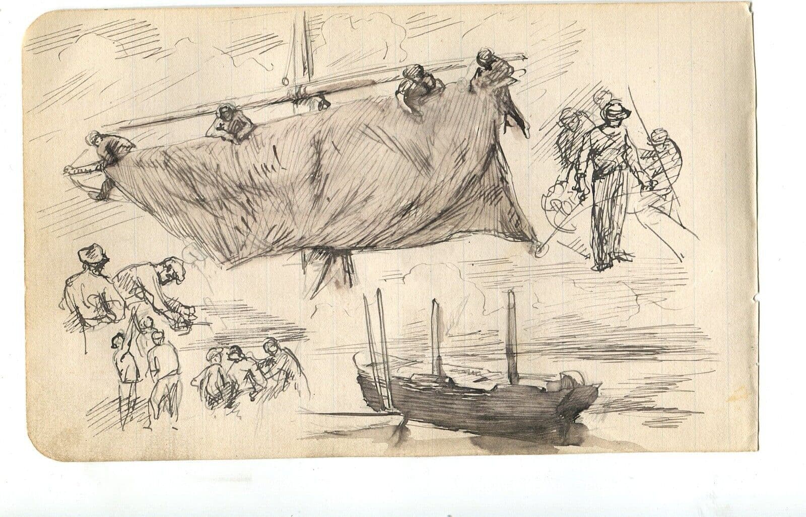 Vintage Ink Drawing Original Sailing, Boat, Sketches Figures Artwork image 3