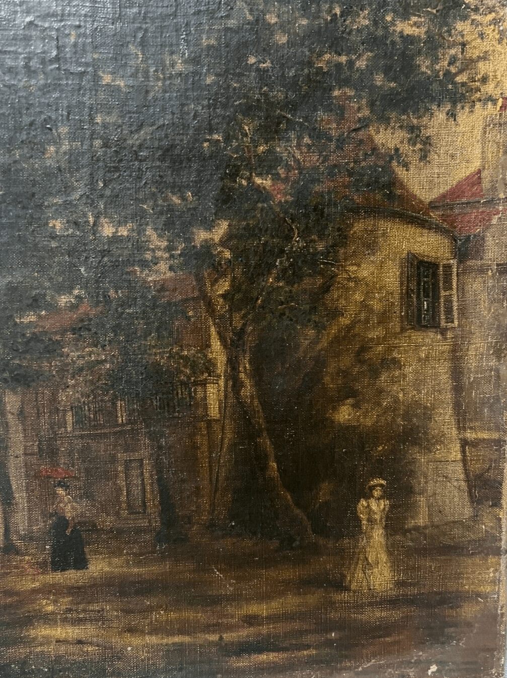 Antique Original Painting 19th century, Women, Cityview, Castle, Life, Trees image 1
