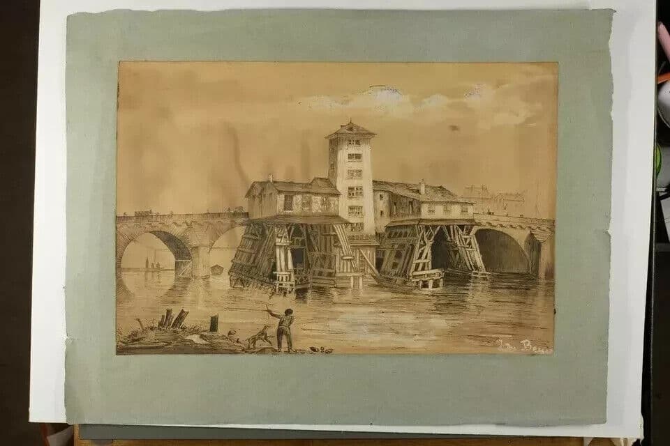 Antique Ink Drawing Original 18th century Jan DE BEYER (1703-1785) Bridge People image 6