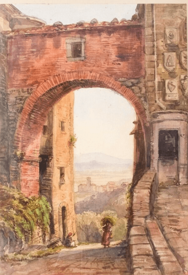 Drawing Signed Italy Cityview with People image 1