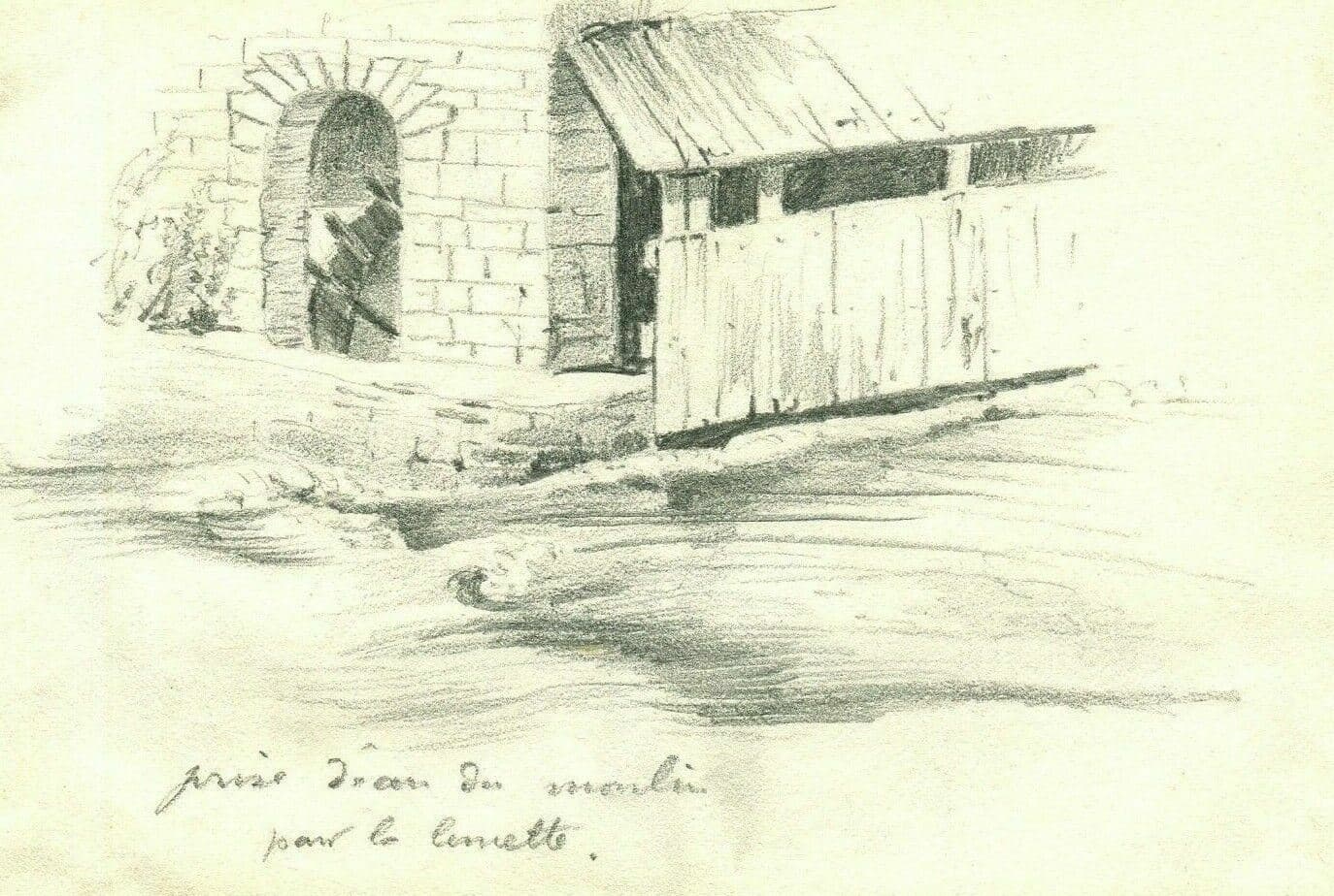 Vintage Pencil Original Drawing signed Landscape River, Watermill image 1
