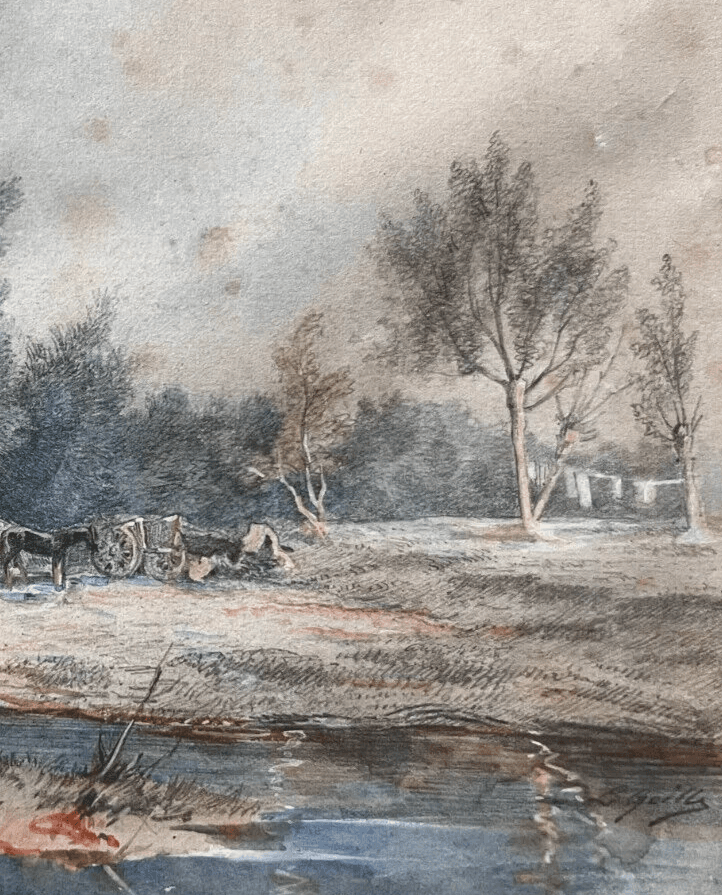 Antique Drawing Original signed Louis Ernest GUILLE (XIX) Landscape, People image 4