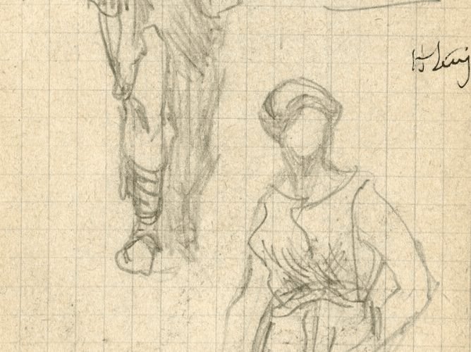 Antique Pencil Original Drawing, Figures, Music, Trumpet, Sketch, Signed image 4