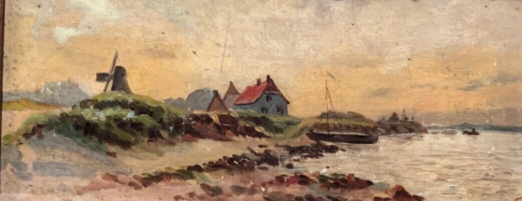 Antique Old Painting signed Village Town Landscape, Seaview, Mill, Boats image 1