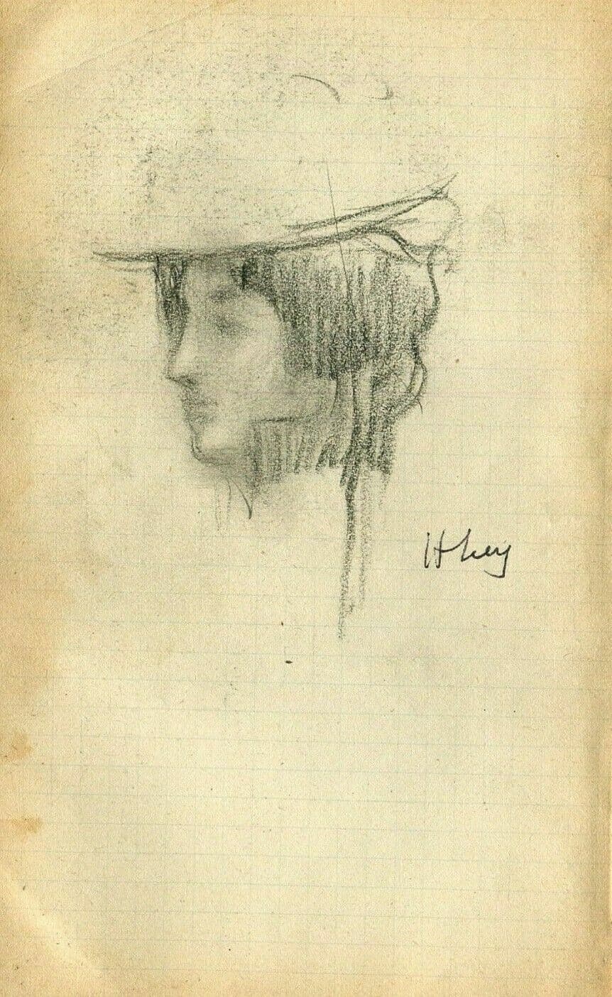 Drawing Signed Profile of an Elegant Woman with Hat