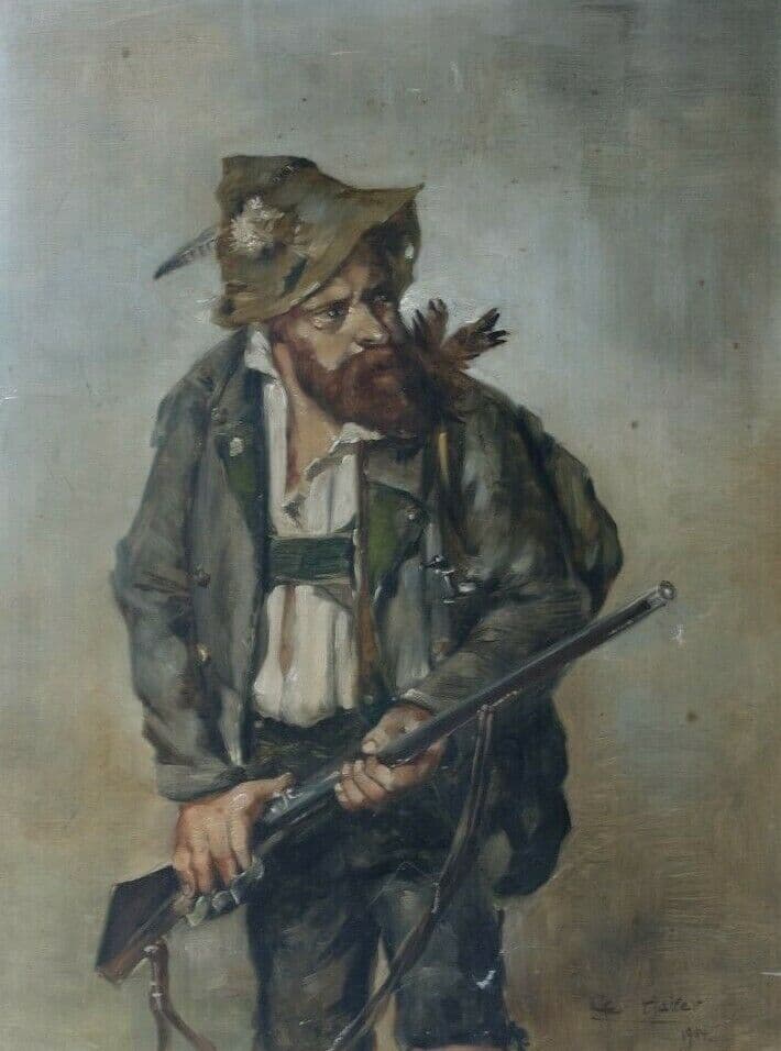 Painting Hunter Man with Riffle Portrait signed 1904 image 1