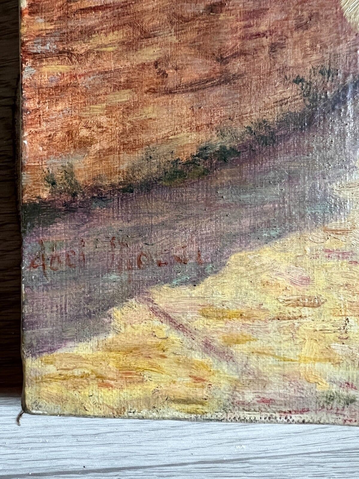 Antique Painting Landscape Original signed Woman, Work, Path image 4