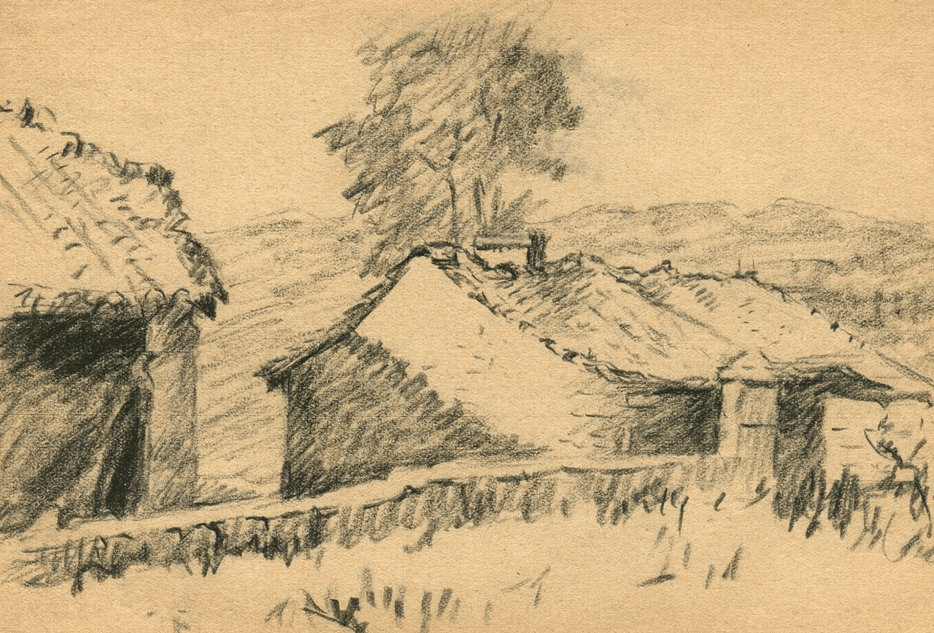 Vintage Pencil Original Drawing House and Tree, Landscape image 1