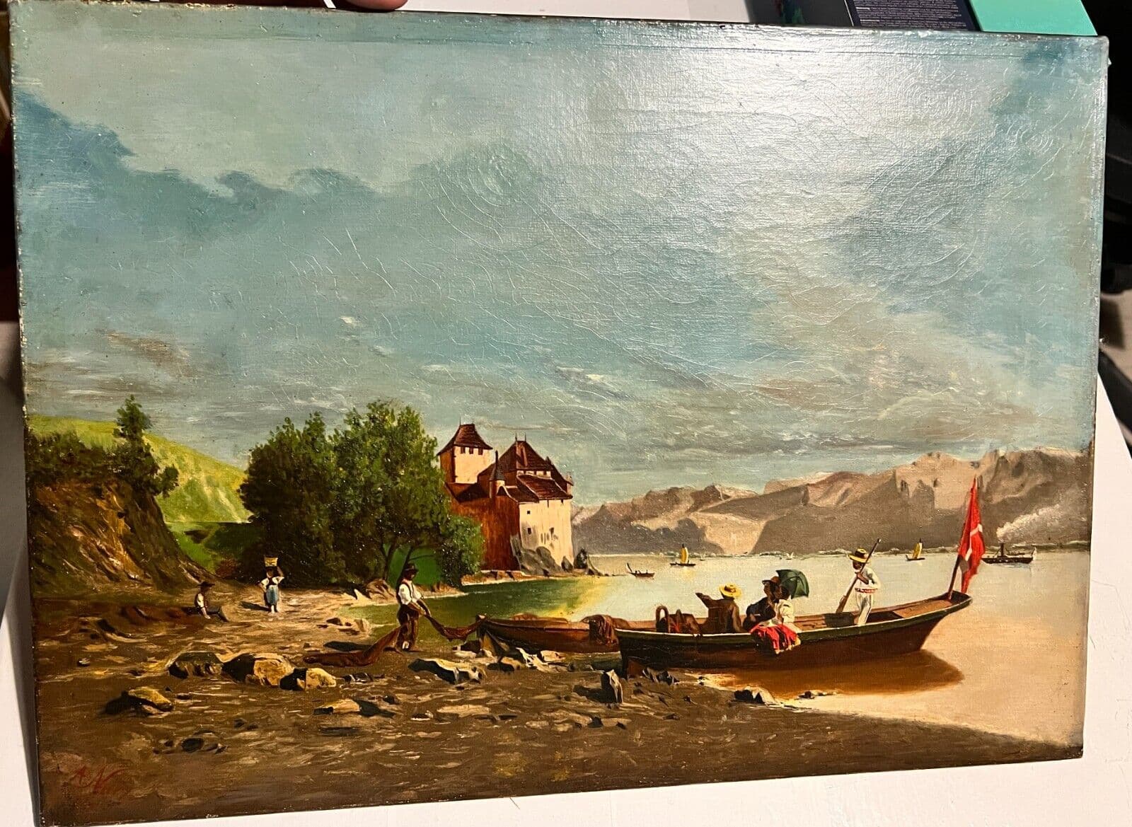 Antique Painting Original Landscape Amédée NURY (1856-?) Switzerland Lake, Boat image 2