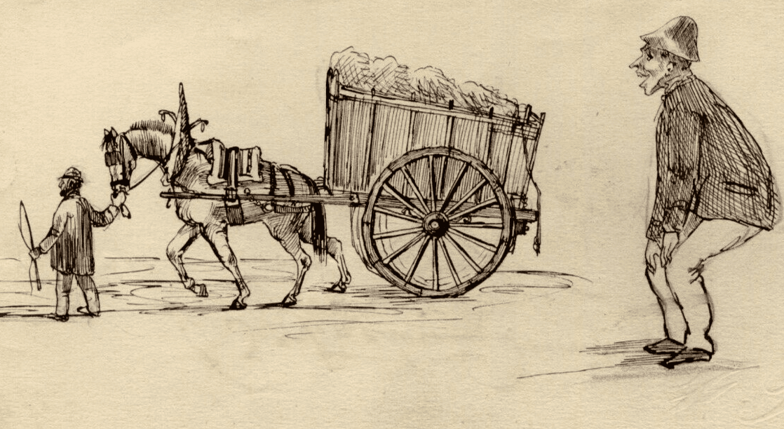 Antique Drawing Original People with Plow, Working Life, People, Horse
