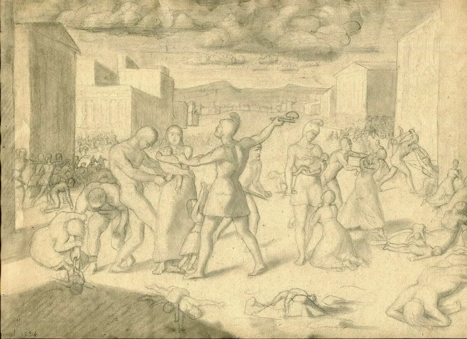 Antique Drawing 19th century Pencil Massacre of the Innocents 1834 Original image 1