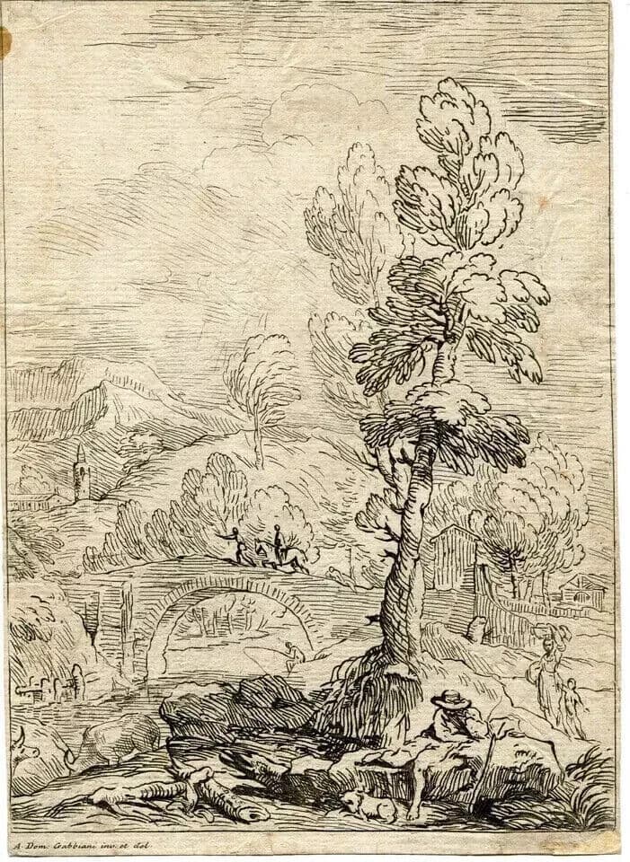 Antique Etching Antonio Domenico GABBIANI (1652-1726) Landscape and Figure image 7