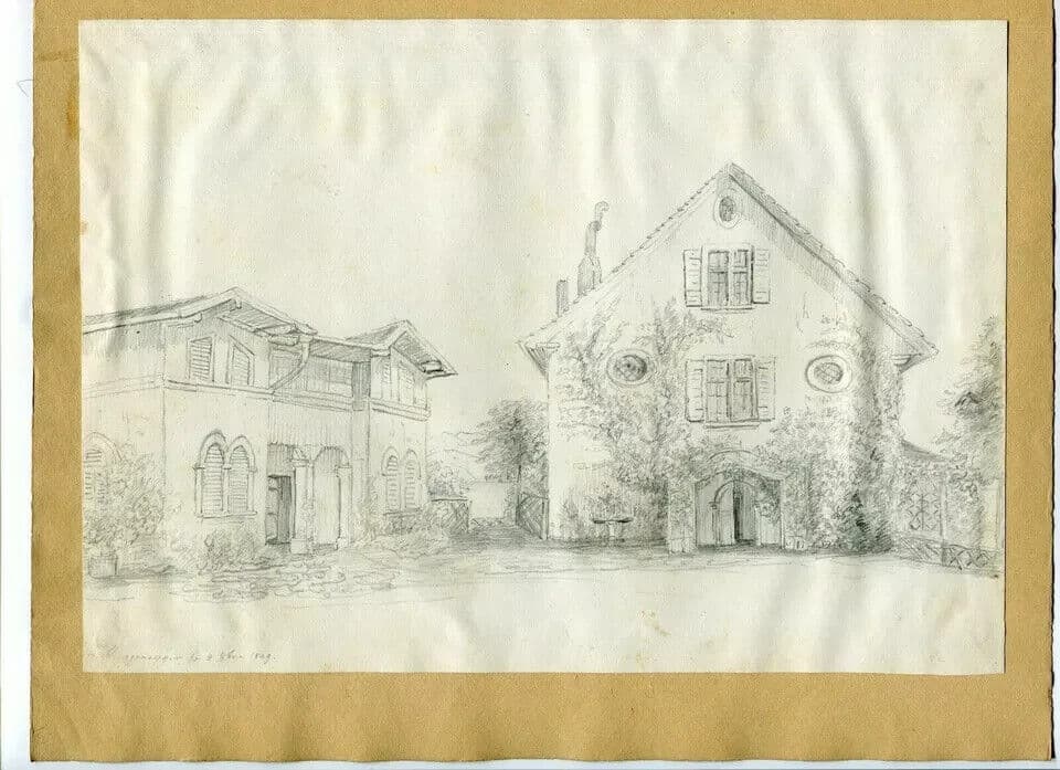 Antique Pencil Original Drawing 19th century Houses, Landscape 1849 image 2