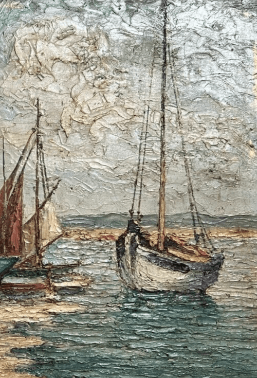 Antique Oil Painting Original Landscape, Seaview, Boats signed image 3