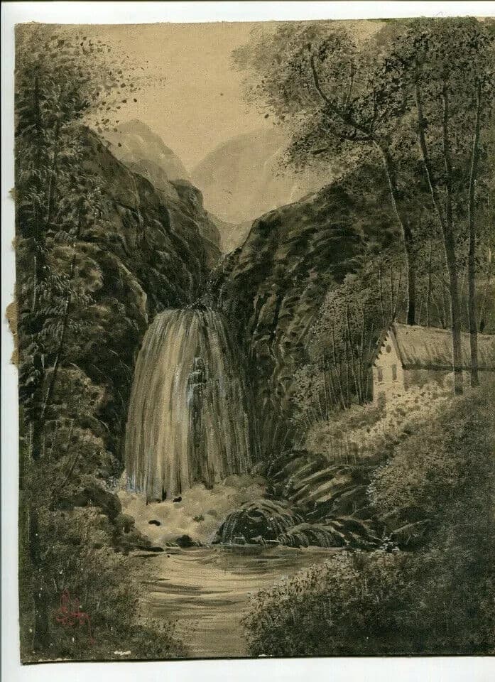 Antique Ink Original Drawing Waterfall, Landscape, Trees image 3