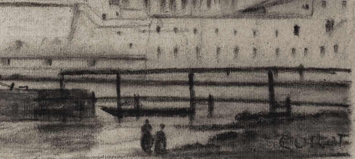 Antique Chacoral Drawing Original Maritime Port Landscape signed 19th century image 5