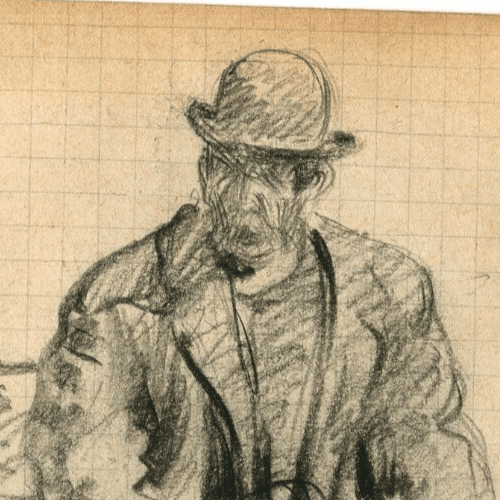 Vintage Pencil Original Drawing of a Man with Hat sitting with a Cane image 2