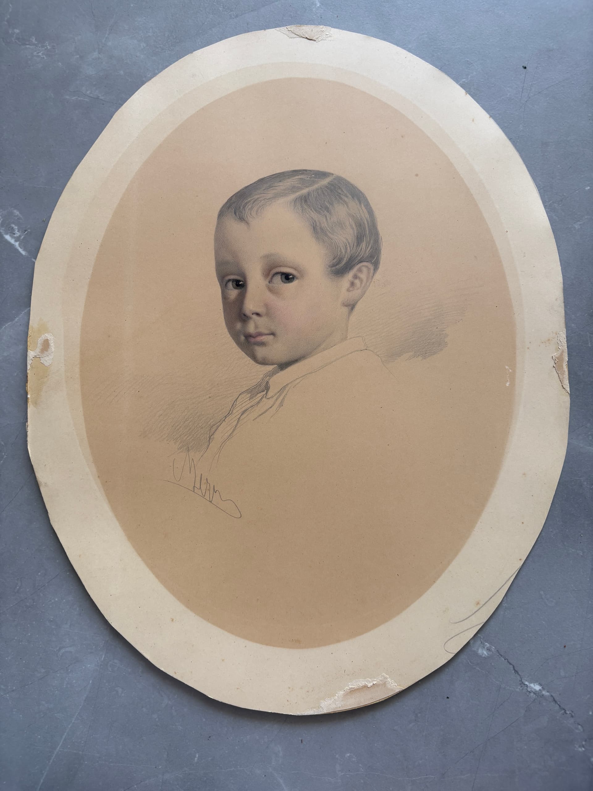 Antique Original Drawing signed Boy Portrait, Child 19th century