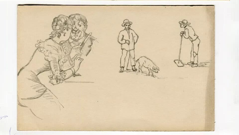 Vintage Pencil Original Drawing Couple Portrait, Man with Pig image 5