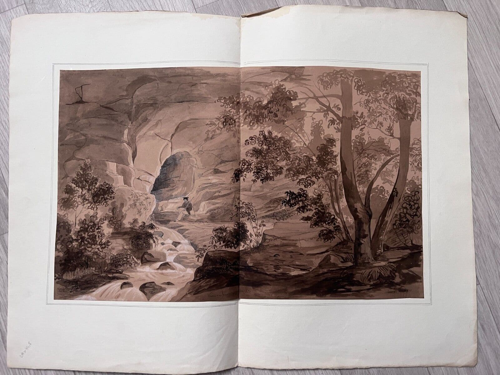Antique Ink Drawing Original 19th century Man in Landscape 1837 image 7