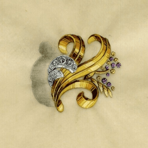 Antique Jewelry Drawing Original Art Deco Purple Diamond Stones Brooch image 1